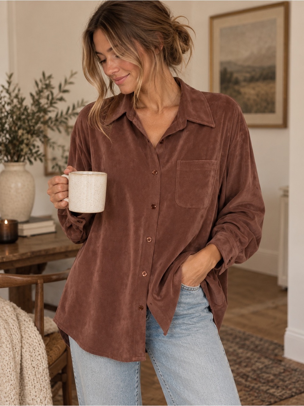 Denim & Co Brown Faux Suede Shirt Jacket M Western 90s Y2K Boho